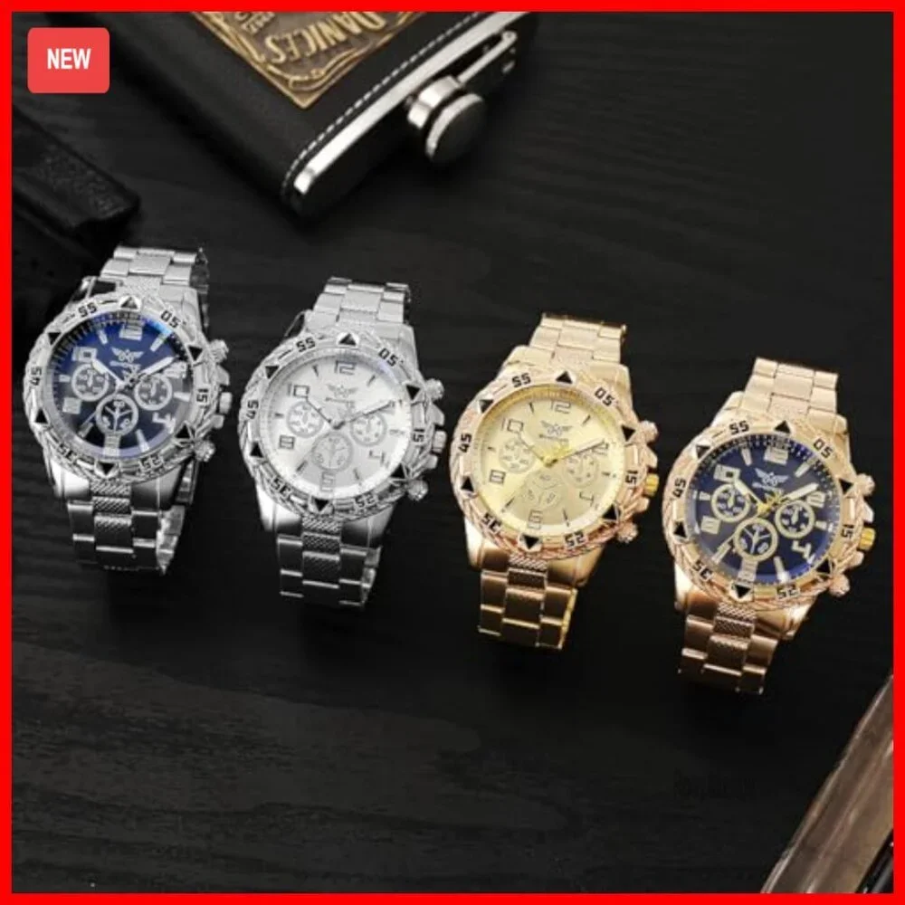 Men's Analog Quartz Wristwatch Set, 42mm Face, Stainless Steel Bracelet